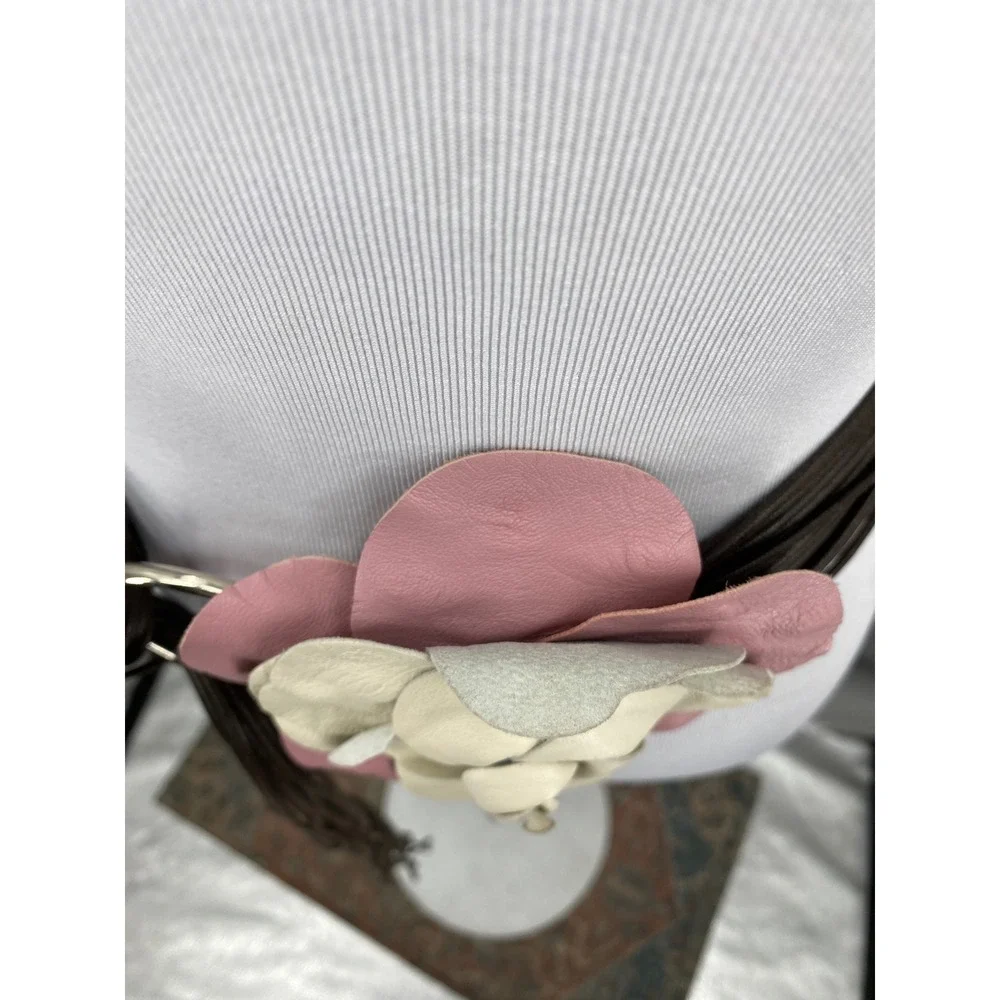 Y2K LC Leather Petal Flower Cord Wrap Belt O/S Pink Boho Floral Brown Cord Rose